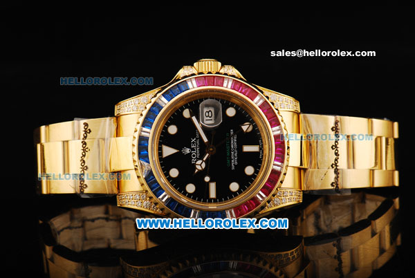 Rolex GMT Master II Swiss ETA 2836 Automatic Movement Full Gold with Colorful Diamond Bezel and White Markers - Click Image to Close